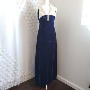 Vintage 60's Blue Velvet  w/ Cream Wing Collar Maxi Prom Dress